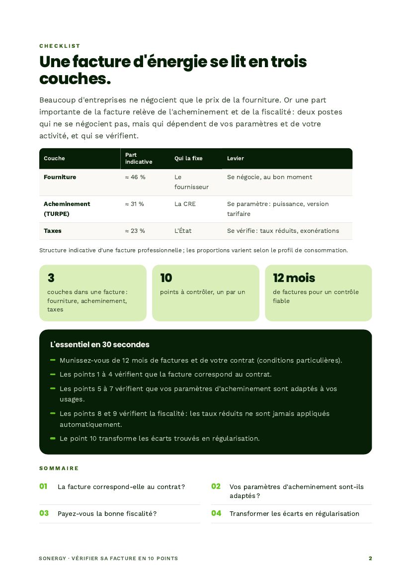 L'essentiel en 30 secondes et le sommaire du guide « Vérifier sa facture en 10 points »