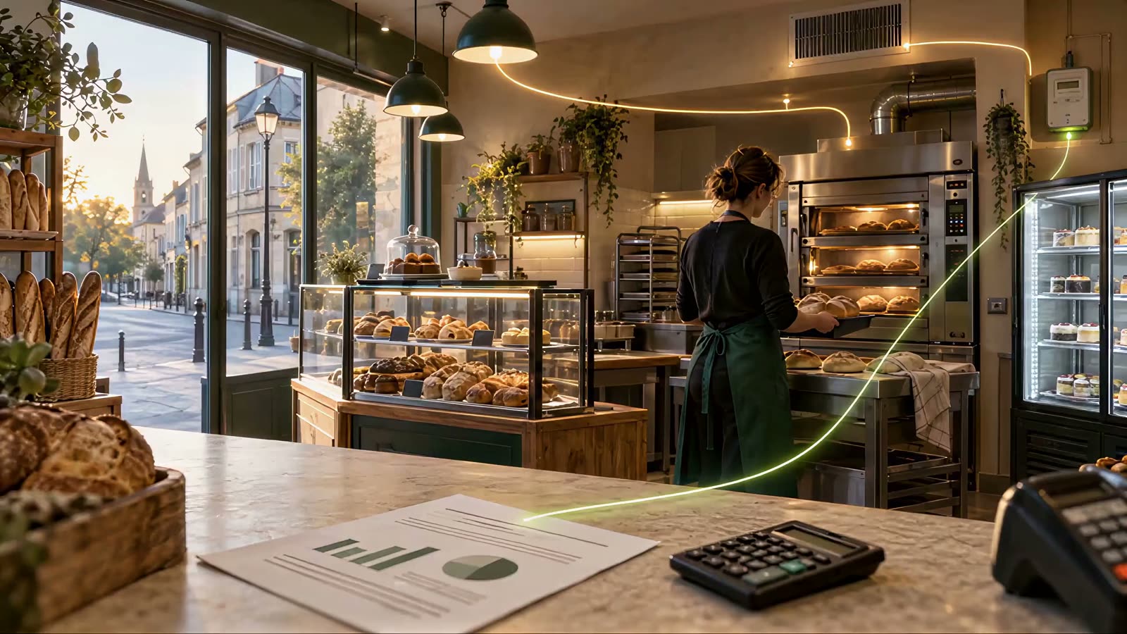 Dans une boulangerie, une artisan enfourne ses pains ; au premier plan, le comptoir avec l'analyse de sa facture d'énergie, et un trait lumineux qui relie le compteur électrique aux équipements.